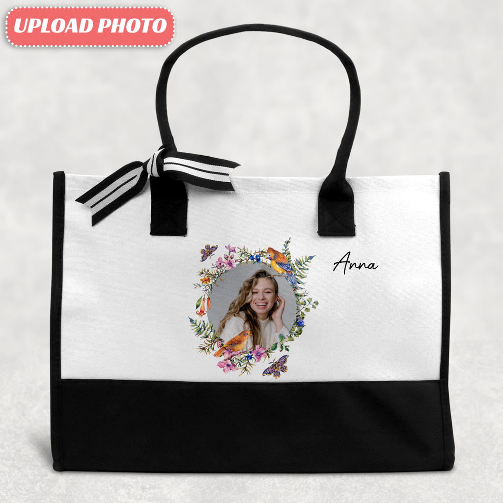 Custom "Custom Photo Floral" Canvas Tote Bag - Personalized Gift