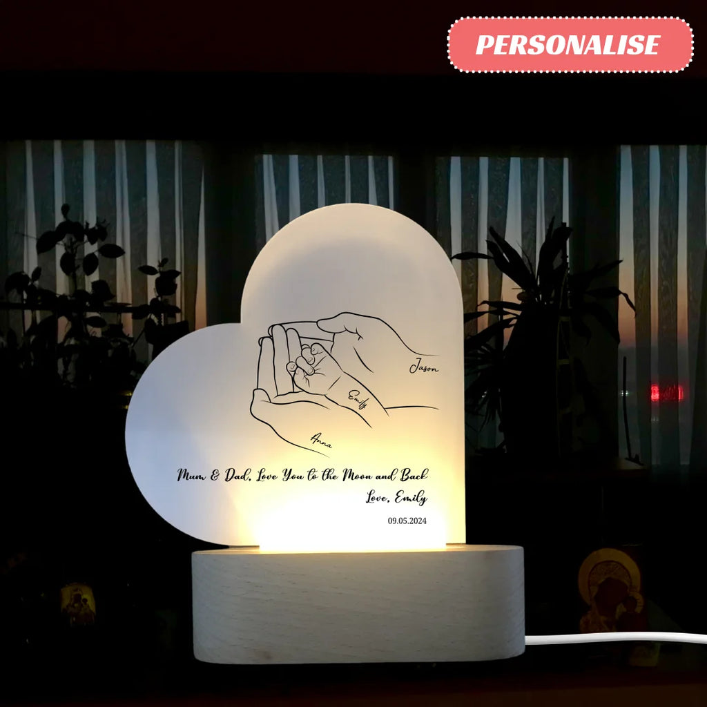 Personalized Acrylic Heart Plaque LED Lamp Night Light - "Baby Love Mum and Dad"