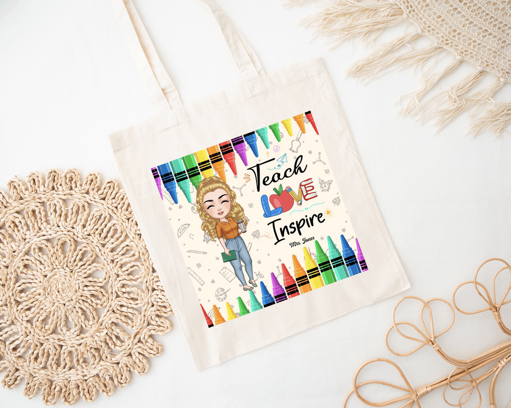 label realm teach love inspire personalised tote bag teacher'